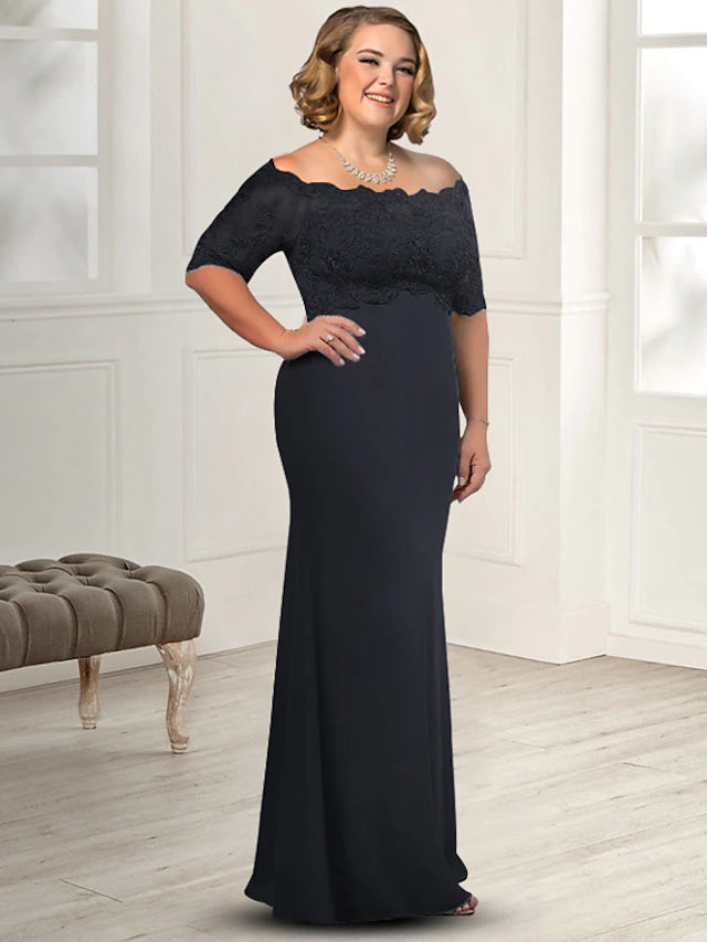 Etuikleid/Säulenkleid für die Brautmutter, Übergröße, elegant, schulterfrei, bodenlang, Chiffon, Spitze, halbe Ärmel mit Applikationen